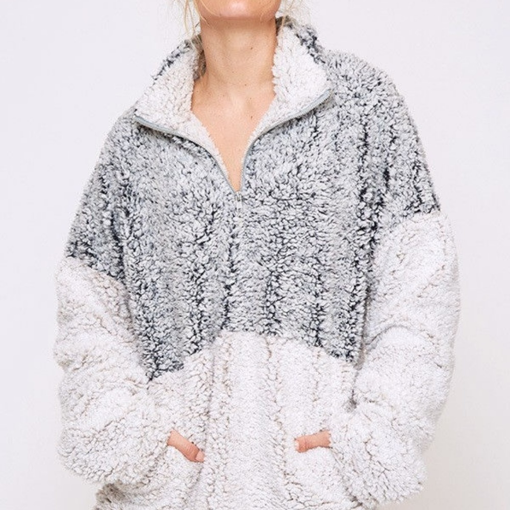 NEW 2 TONE FAUX FUR SHERPA PULL OVER TOP JACKET - Picture 5 of 6